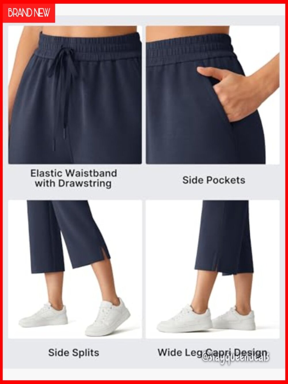 Women's Drawstring Wide Leg Capri Pants with Pockets - Picture 2 of 7